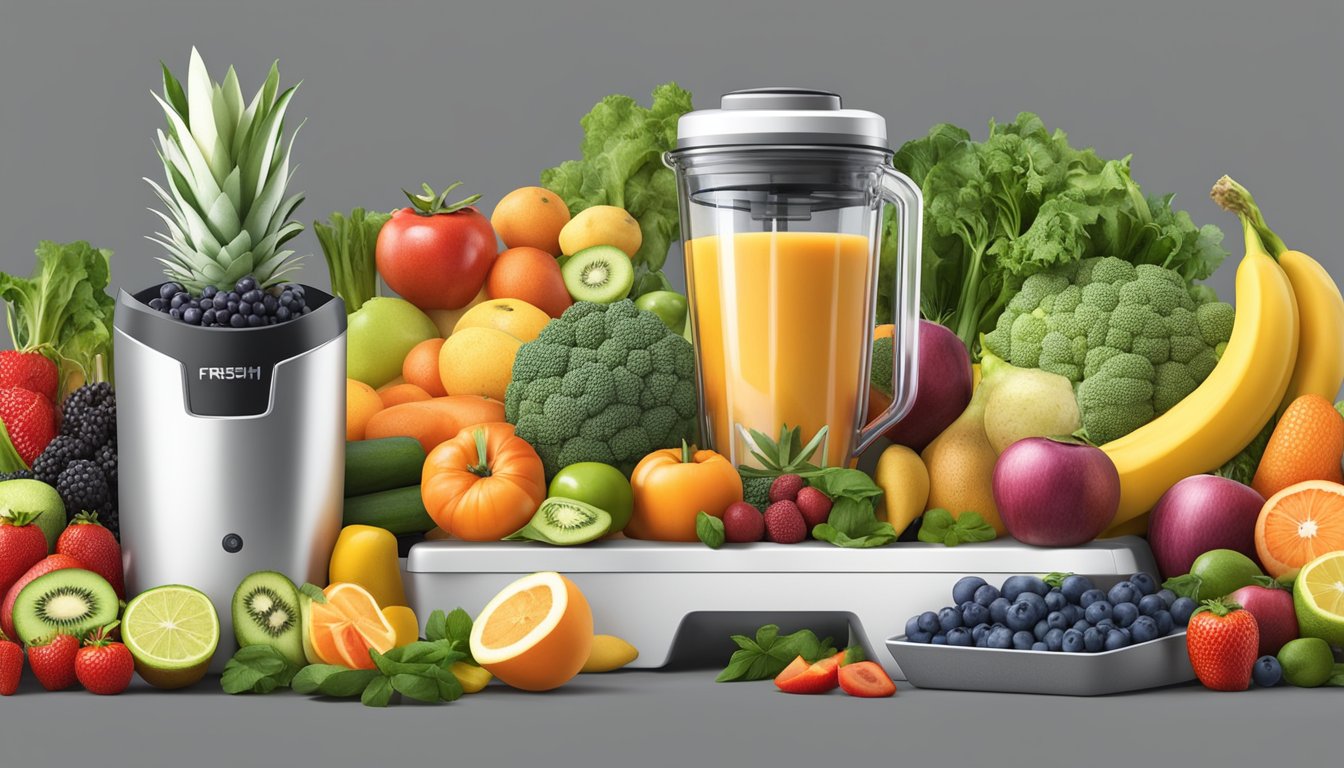 Fresh fruits and vegetables arranged around a high-powered blender, with containers of prepped smoothie ingredients nearby