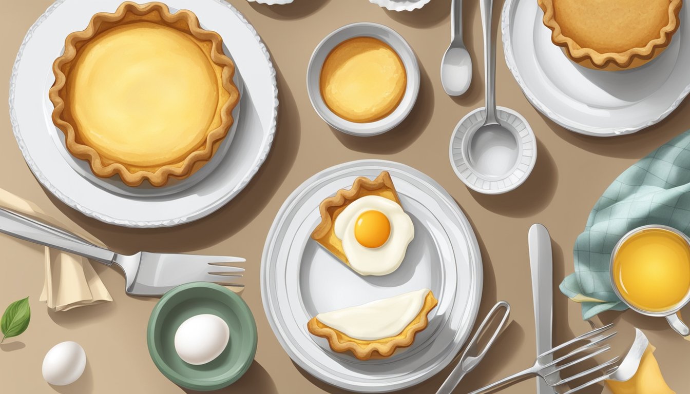 A table set with baking essentials and an egg tart on a plate