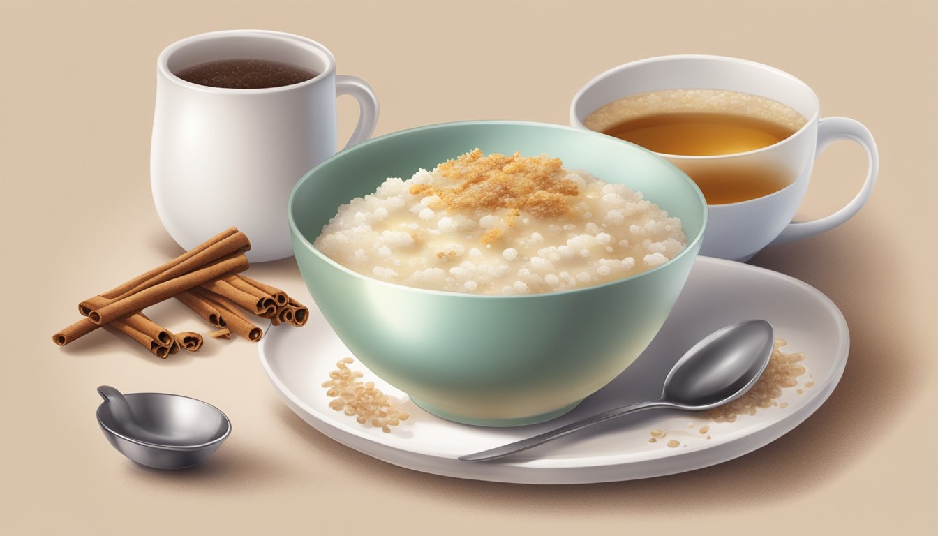 A spoon hovers over a bowl of rice pudding, with a sprinkle of cinnamon on top, next to a cup of steaming tea