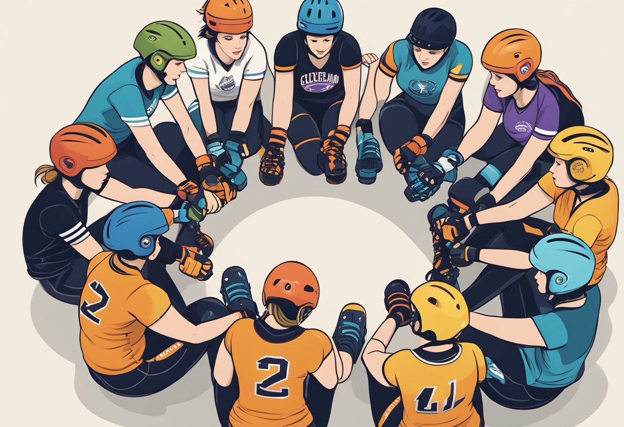 A group of roller derby team members in Cleveland, wearing their team uniforms and skates, gather together in a circle, discussing their team names