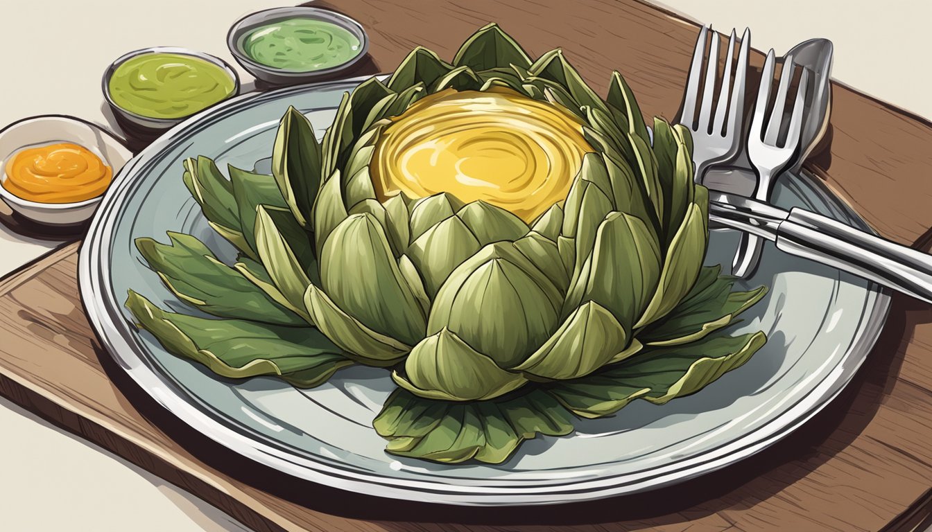 An artichoke on a plate surrounded by a variety of dipping sauces, with a small knife and fork next to it