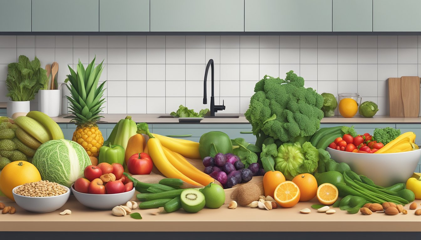 A colorful array of fresh fruits, vegetables, nuts, and seeds arranged on a clean, modern kitchen counter for meal prepping a raw vegan diet