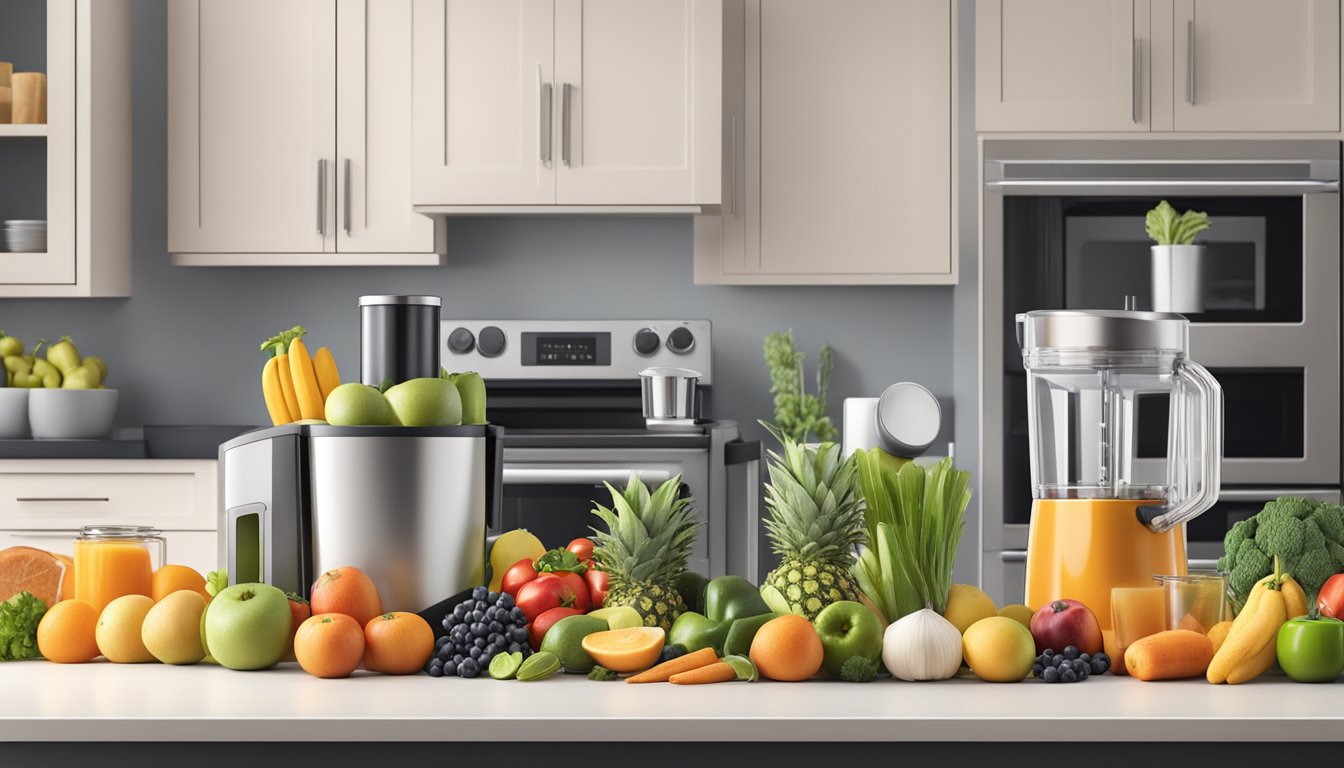 A modern kitchen with a variety of fresh fruits, vegetables, and protein sources laid out on the counter next to a sleek blender