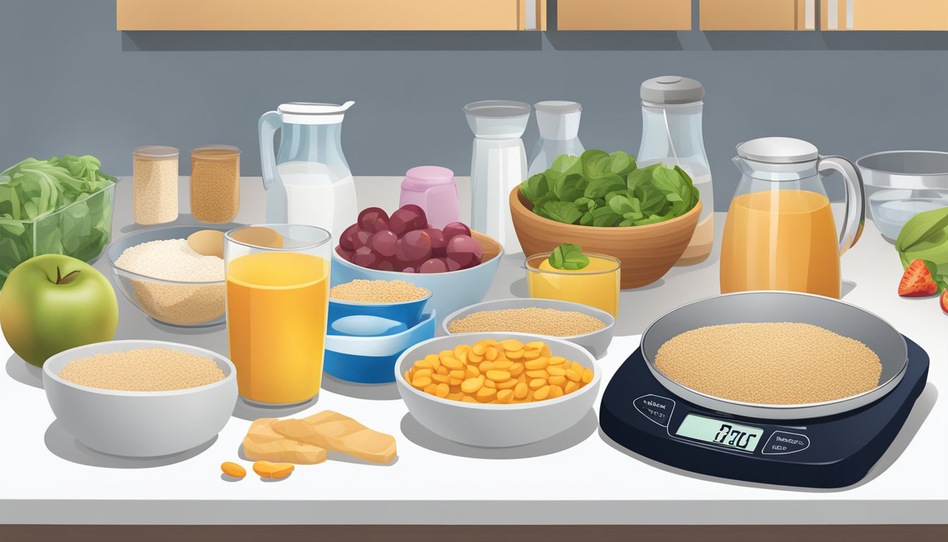 A kitchen counter with various containers filled with high-protein and high-calorie foods, alongside a weight scale and measuring cups for portion control