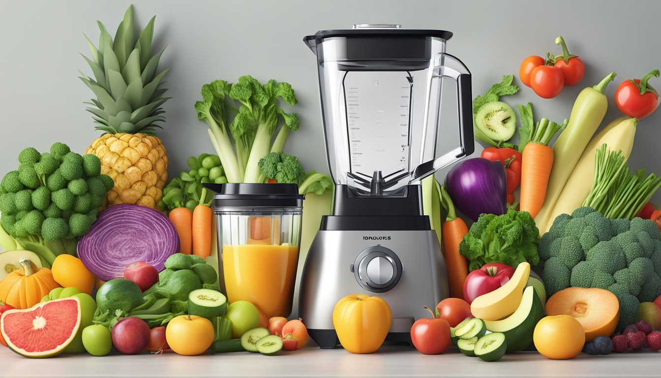 A colorful array of fresh fruits and vegetables arranged around a sleek blender, with neatly organized containers of prepped meals in the background