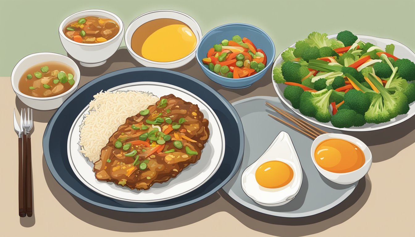 A plate of egg foo young with assorted vegetables and a side of soy sauce