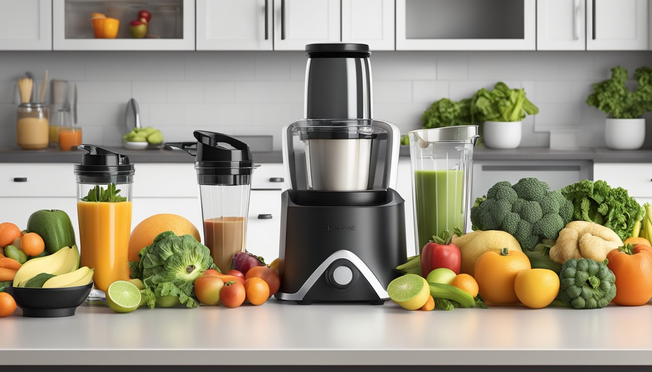 A kitchen counter with a variety of fresh fruits, vegetables, and protein sources laid out next to a high-powered blender