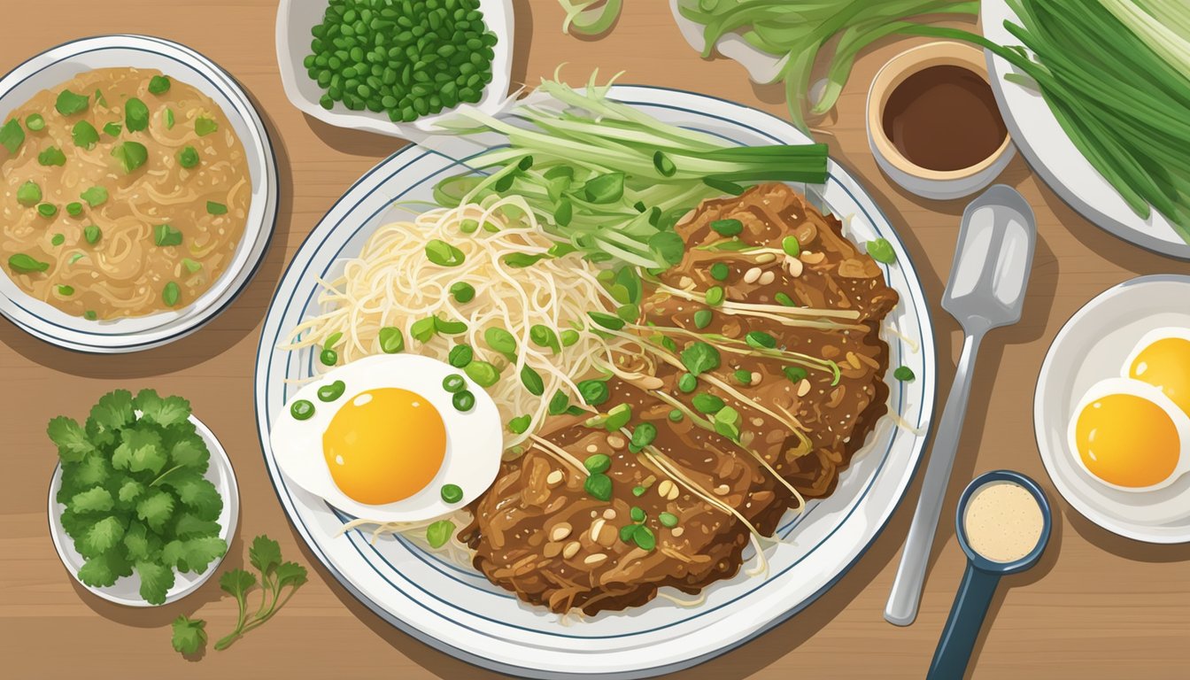 A plate of egg foo young surrounded by key ingredients like bean sprouts, green onions, and savory sauce