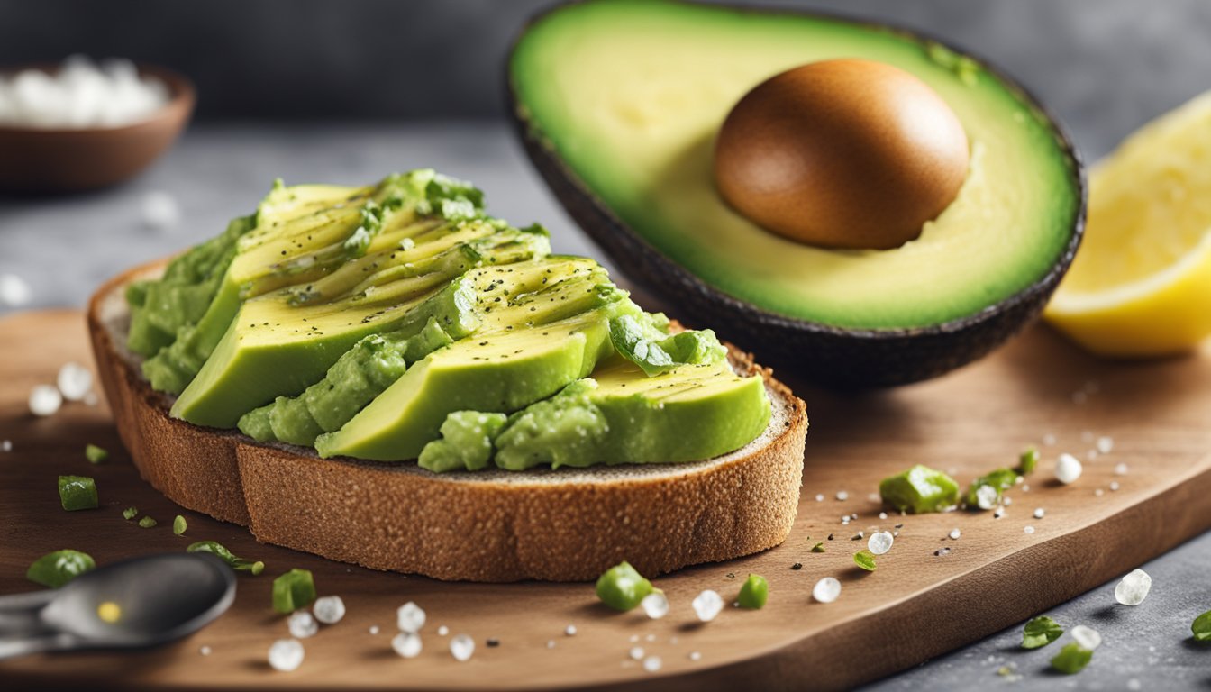 A ripe avocado is sliced and spread onto a piece of toasted bread, sprinkled with salt and pepper, and drizzled with olive oil