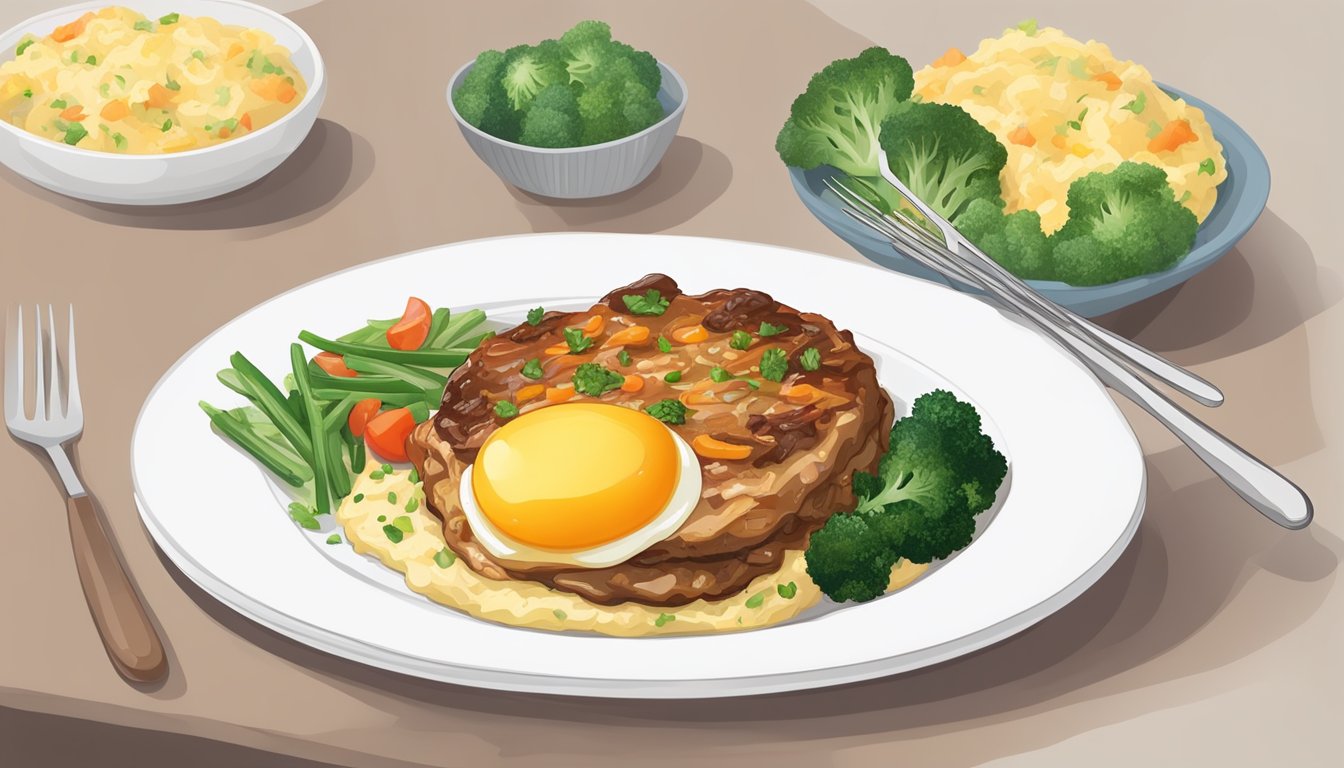 A fork cutting into a fluffy egg foo young, with a mixture of vegetables and meat, on a white plate