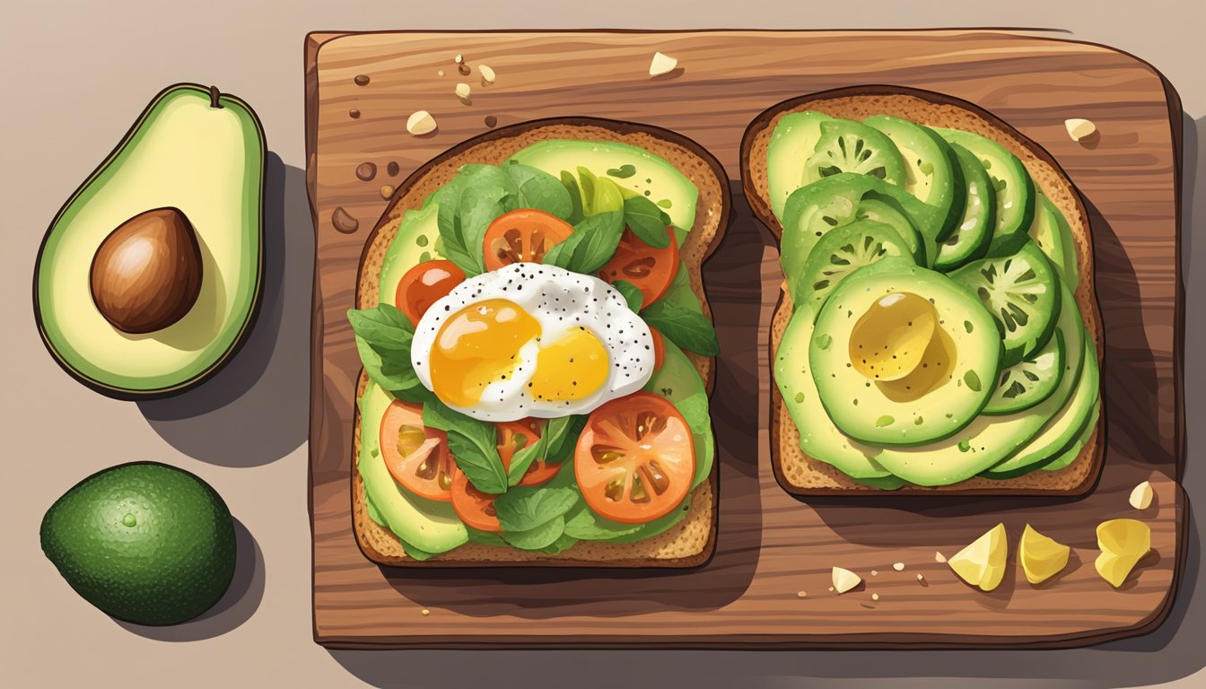 A slice of avocado toast with various toppings arranged on a wooden cutting board