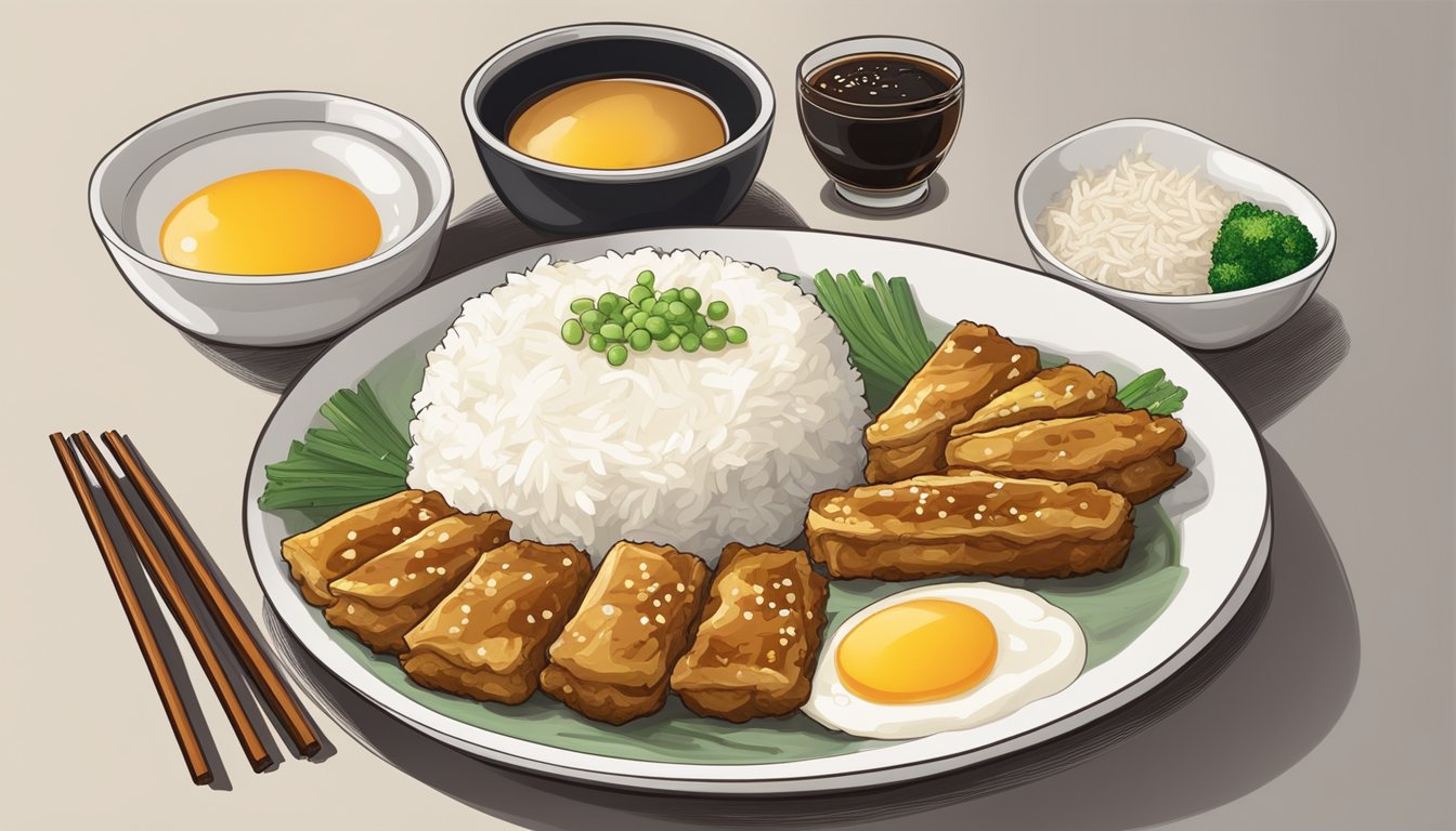 A plate of egg foo young surrounded by chopsticks, soy sauce, and a side of steamed rice