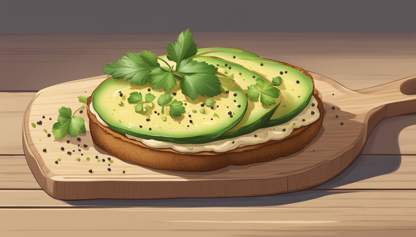 A slice of avocado toast on a wooden board with a dollop of hummus, sprinkled with sesame seeds, and garnished with a sprig of fresh cilantro