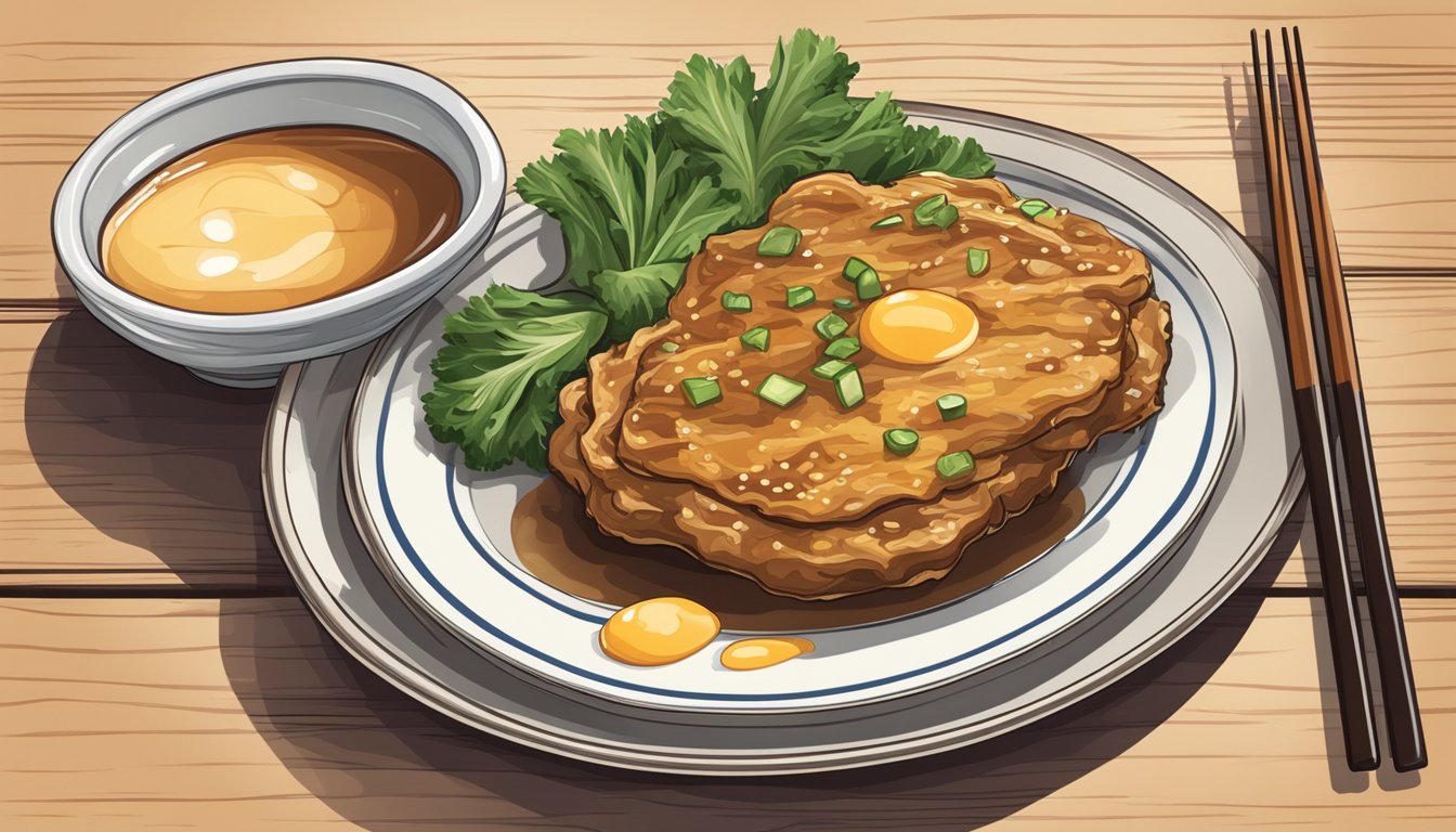 A plate of egg foo young with chopsticks and a side of soy sauce on a wooden table