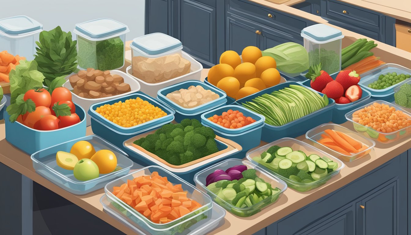 A kitchen counter with neatly arranged containers of prepped meals, surrounded by fresh fruits, vegetables, and lean proteins