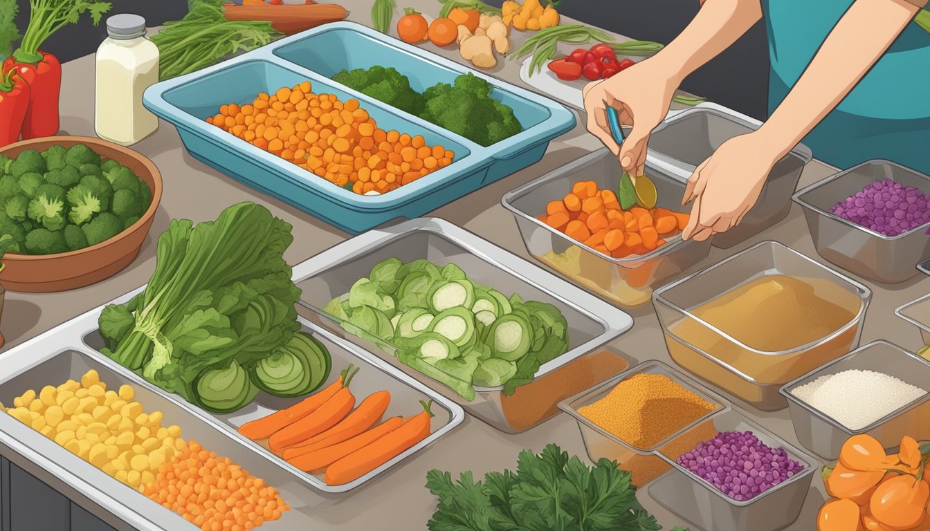 Fresh vegetables being washed and chopped, colorful spices being measured out, and lean proteins being portioned into containers for easy access