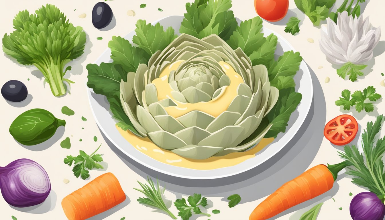 An artichoke heart being dipped in a creamy sauce, surrounded by a variety of fresh vegetables and herbs