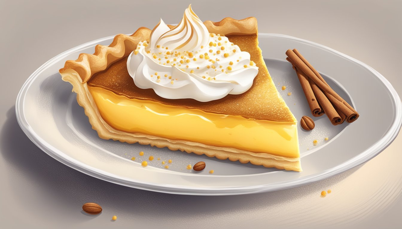 A golden egg custard tart on a white plate, with a flaky crust and creamy filling, surrounded by a sprinkle of cinnamon and a dollop of whipped cream