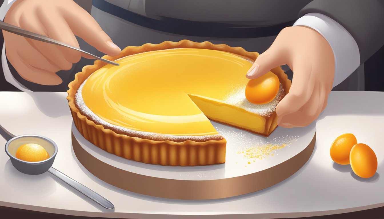 A pastry chef delicately glazes a golden egg custard tart with a shiny apricot glaze, adding a final touch of powdered sugar