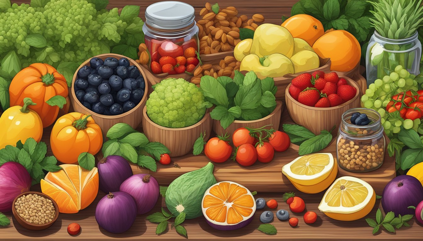 A vibrant array of fresh fruits, vegetables, nuts, and seeds arranged on a wooden cutting board, surrounded by jars of herbs and spices