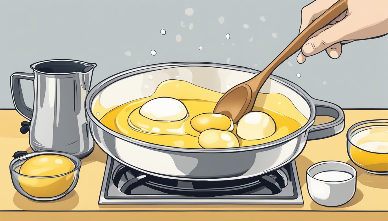 A hand mixing eggs, milk, and sugar in a bowl, with a pot of custard on the stove