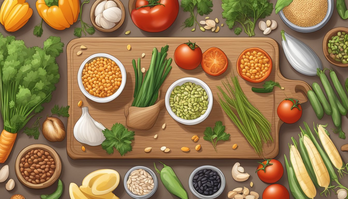 A variety of grains and legumes arranged on a cutting board, with fresh vegetables and seafood nearby for meal prepping