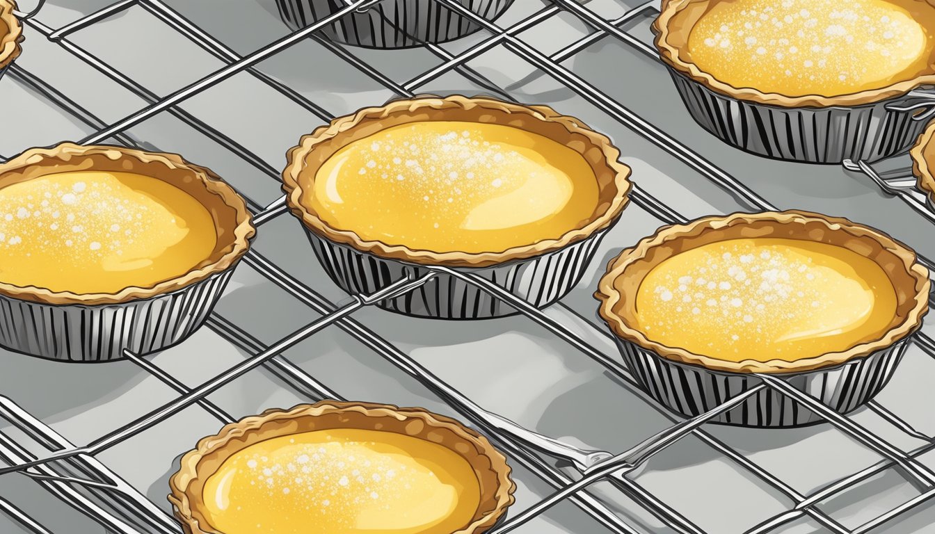 A golden-brown egg custard tart cooling on a wire rack with a sprinkle of powdered sugar on top