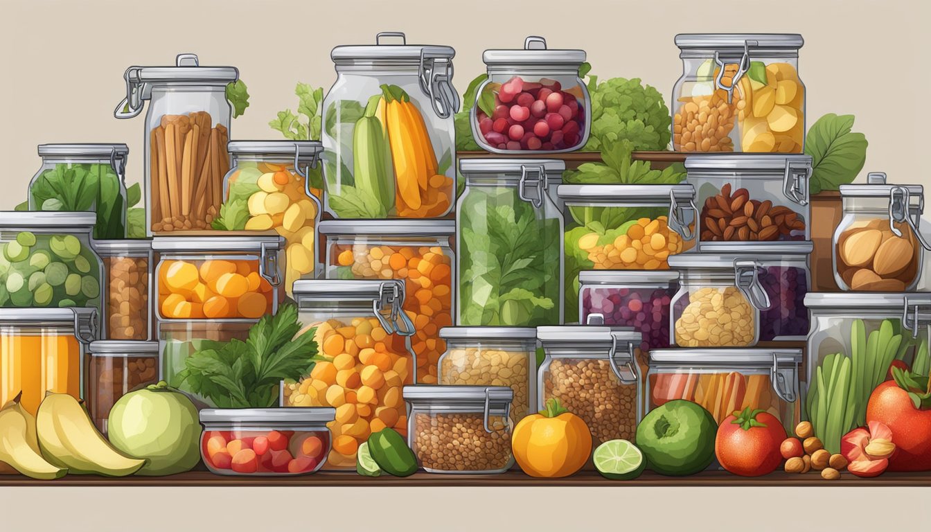 A kitchen counter with a variety of colorful fruits, vegetables, nuts, seeds, and spices arranged neatly in containers and jars