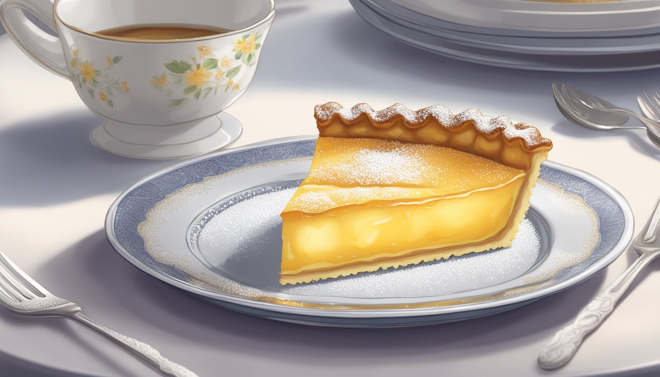 A delicate egg custard tart rests on a porcelain plate, surrounded by a light dusting of powdered sugar. A small silver fork is positioned beside it, ready to be used