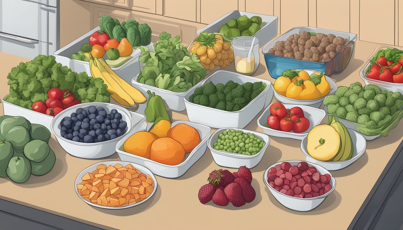 A kitchen counter with an assortment of fresh fruits, vegetables, and lean proteins being prepped and portioned into containers for a low histamine diet