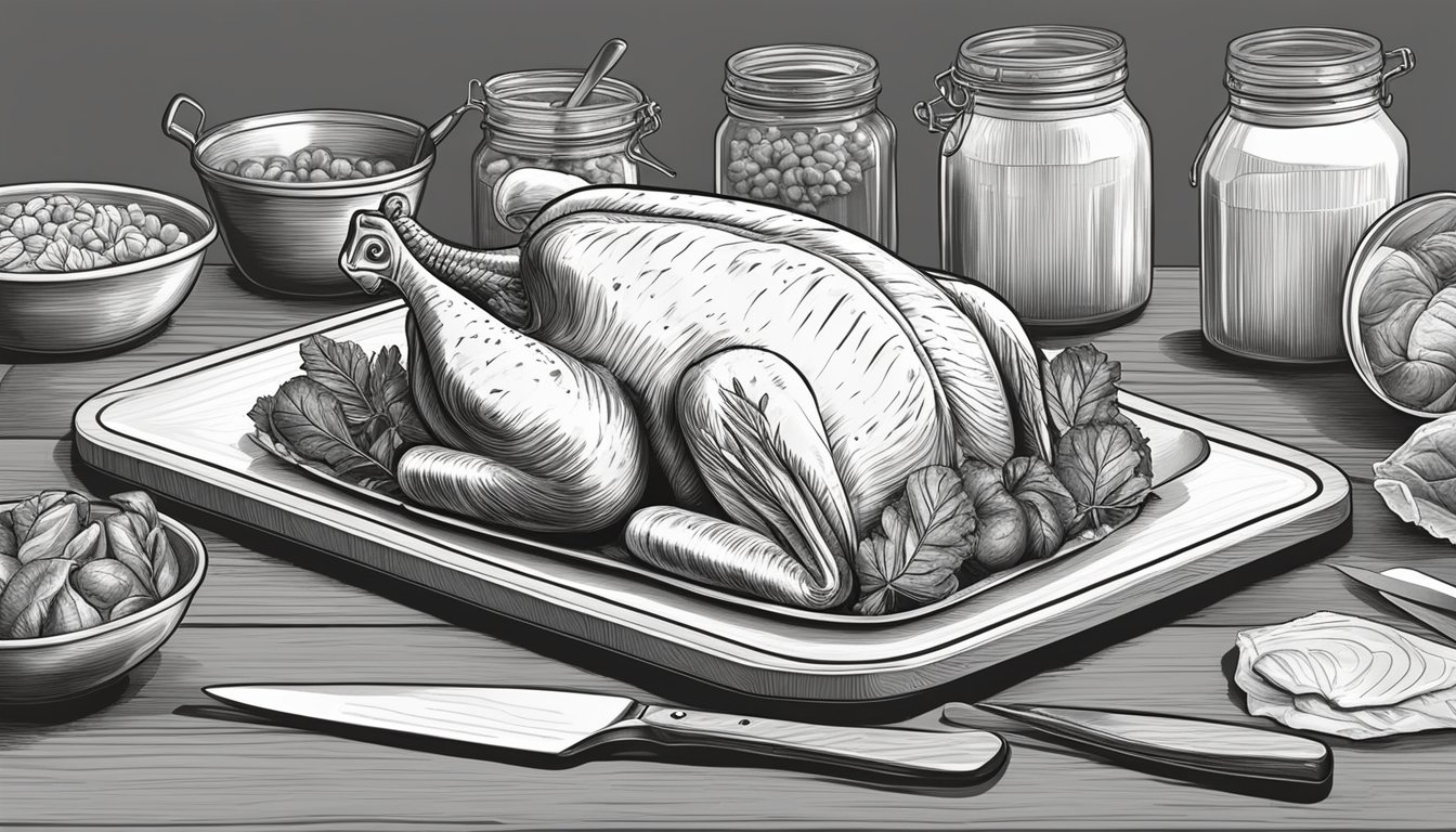 A roasted turkey breast sits on a cutting board, surrounded by various containers for storage. A knife and fork are positioned nearby, ready to be used