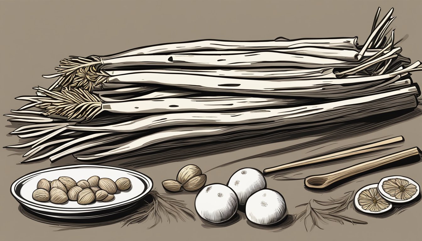 A salsify root with its nutritional profile displayed, surrounded by various cooking ingredients and utensils, ready to be prepared for a meal