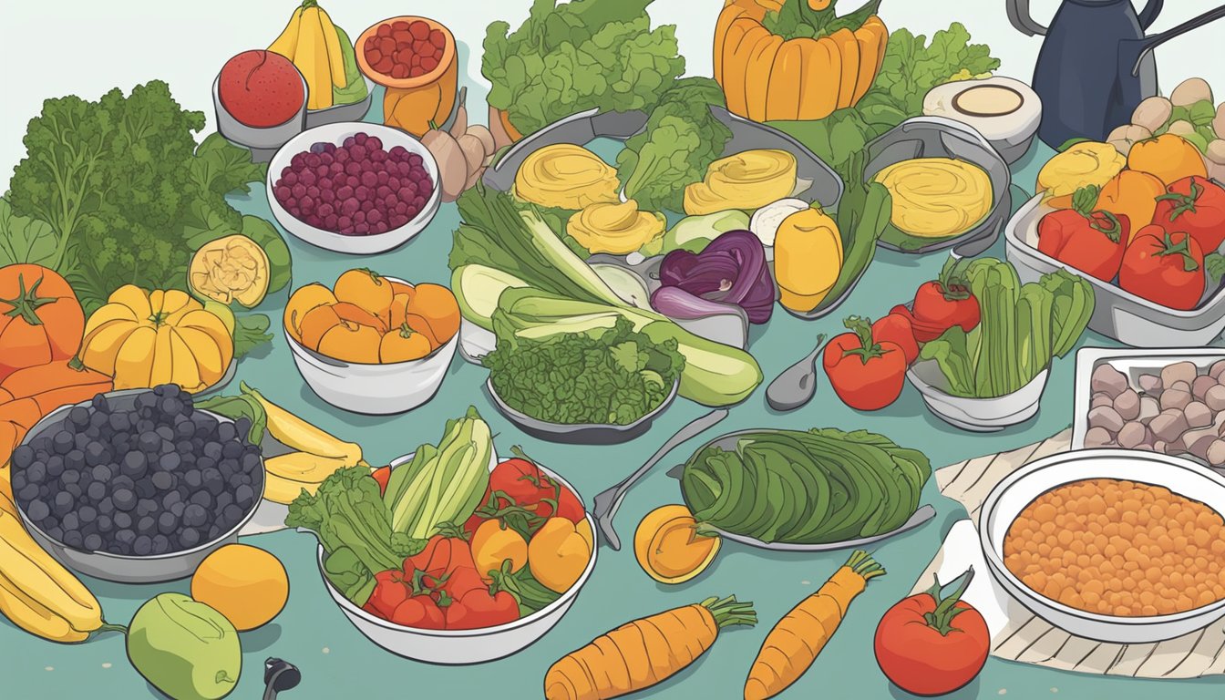 A kitchen counter with a variety of colorful vegetables, fruits, and lean proteins laid out for meal prepping. A cookbook open to anti-inflammatory recipes sits nearby