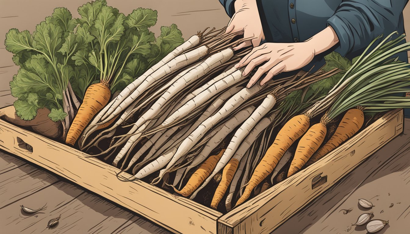 A hand reaching into a wooden crate of salsify roots, with various root vegetables stored in the background