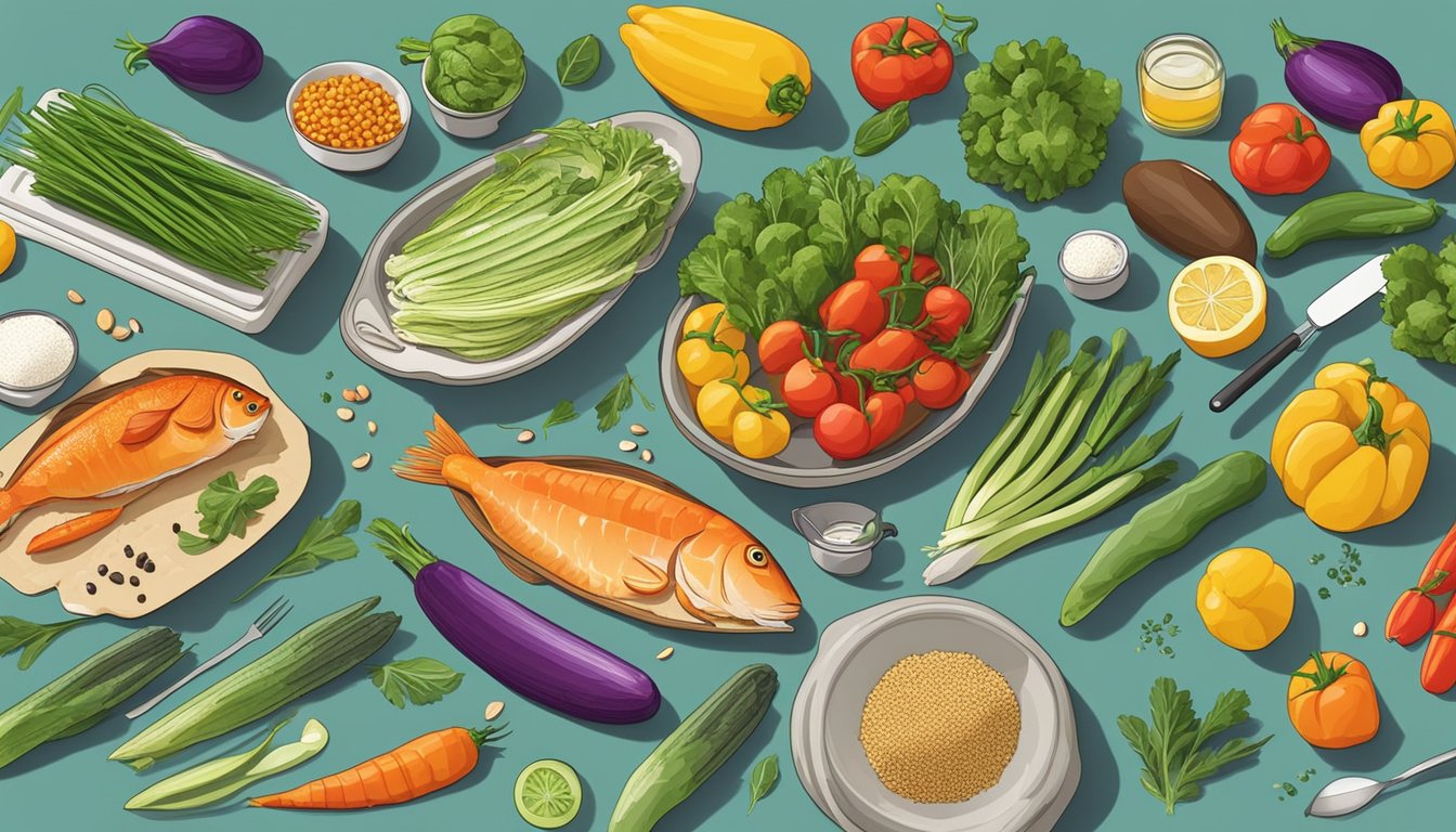 A kitchen counter with an array of fresh vegetables, fish, grains, and cooking utensils laid out for meal prepping