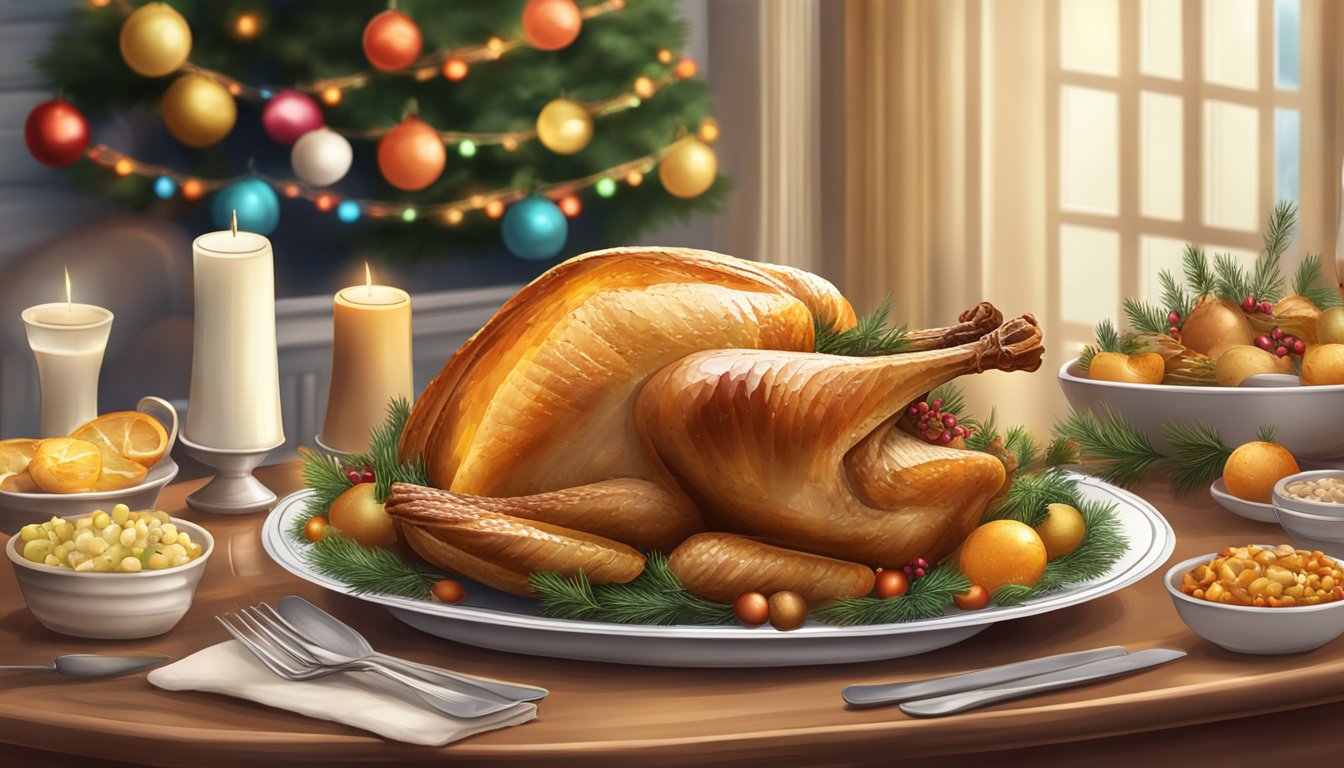 A roasted turkey breast on a platter surrounded by festive decorations and serving utensils