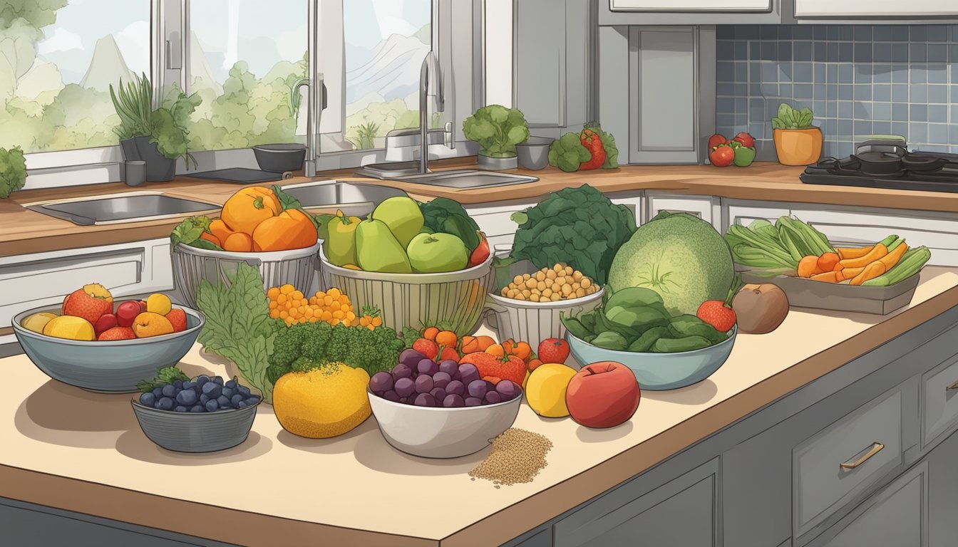 A kitchen counter with a variety of fresh fruits, vegetables, and grains, along with alternative low histamine options for meal prepping