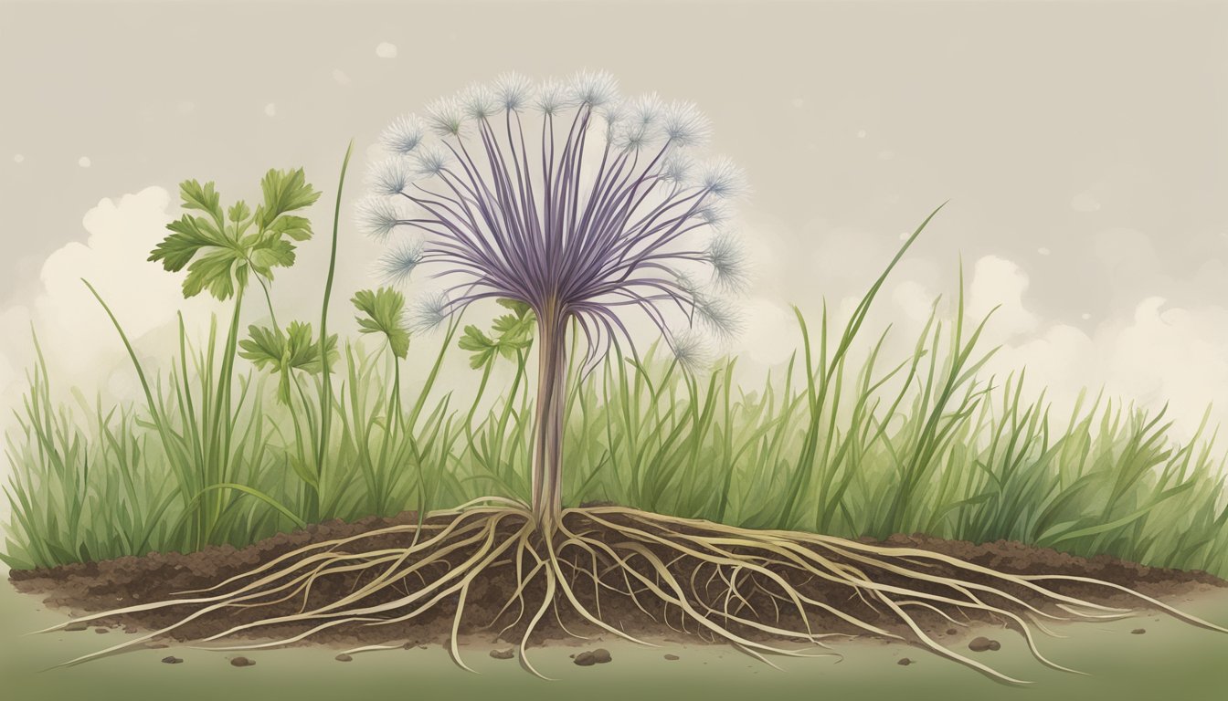 A salsify plant growing in a home garden, with its long, thin roots visible in the soil