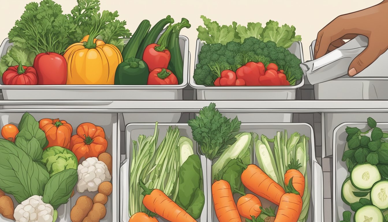 Fresh vegetables being washed, chopped, and arranged in meal prep containers. A variety of herbs and spices are being used for flavoring