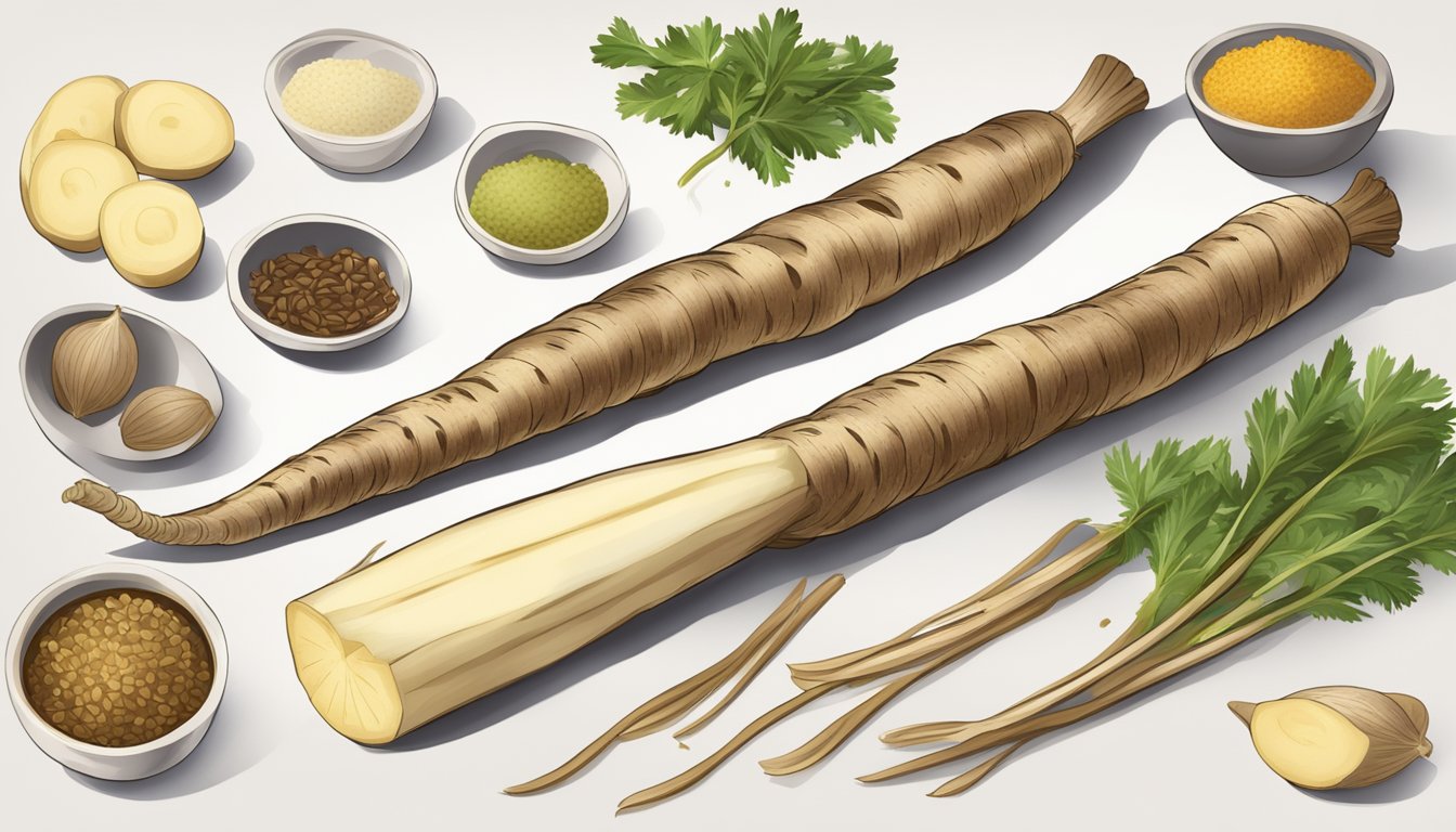 A salsify root being peeled and sliced, with various cooking ingredients and utensils nearby