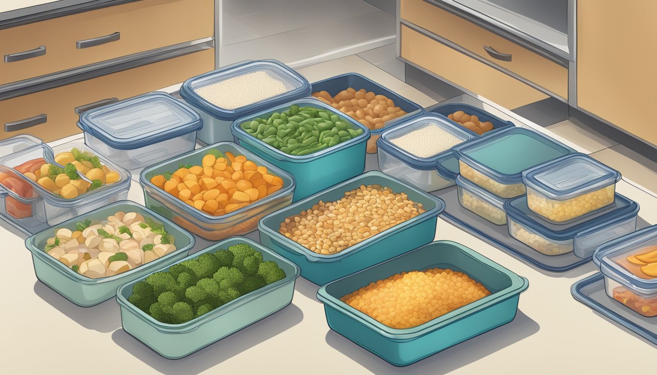 A kitchen counter with neatly organized containers of prepped low histamine meals and labeled food storage containers