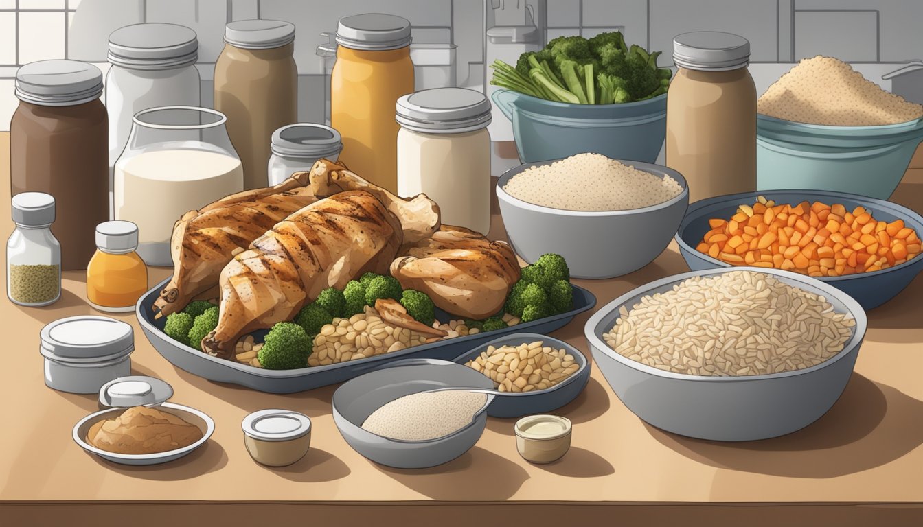 A cluttered kitchen counter with neatly organized containers of grilled chicken, steamed vegetables, and brown rice, surrounded by assorted protein powders and supplements