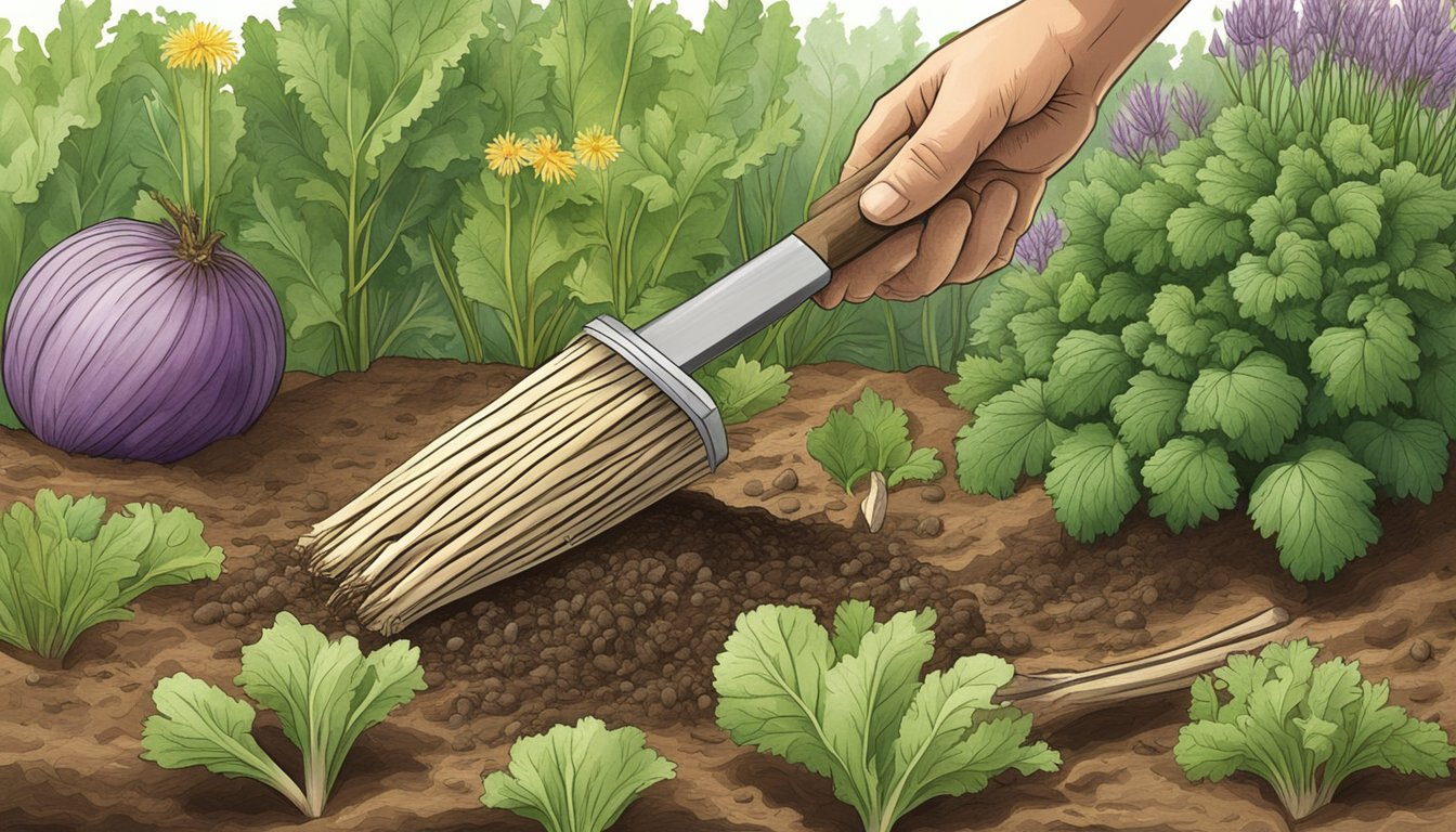 A salsify root being harvested from the ground with a trowel, surrounded by other vegetables and plants in a garden