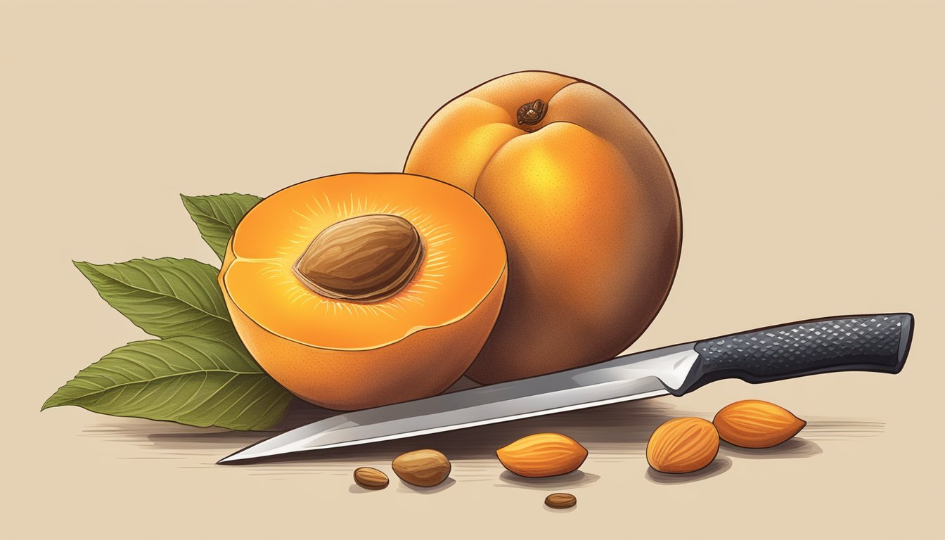 A knife slicing through a ripe apricot, revealing the golden flesh inside, with a small pile of apricot pits nearby