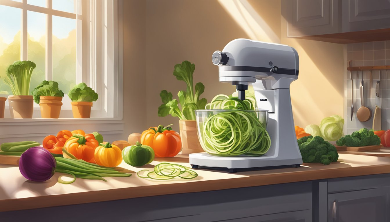 A spiralizer sits on a kitchen counter next to a pile of fresh vegetables, a cutting board, and a sharp knife. The sunlight streams in through the window, casting a warm glow over the scene