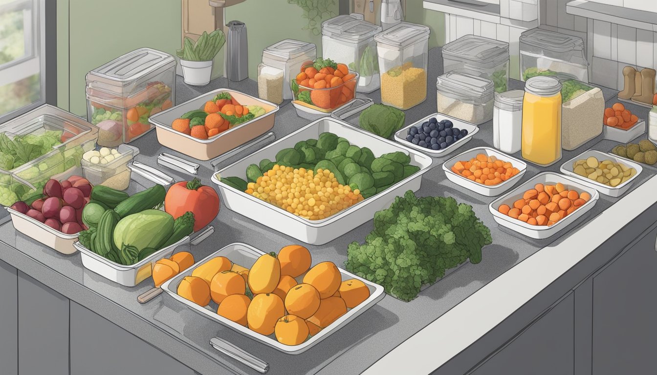 A kitchen counter with assorted fresh fruits, vegetables, and lean proteins being prepped and portioned into containers. A list of low histamine foods is visible nearby