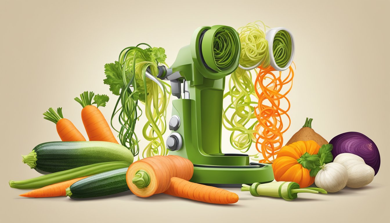 A colorful array of fresh vegetables, including zucchini, carrots, and sweet potatoes, are being spiralized into long, curly strands using a spiralizer