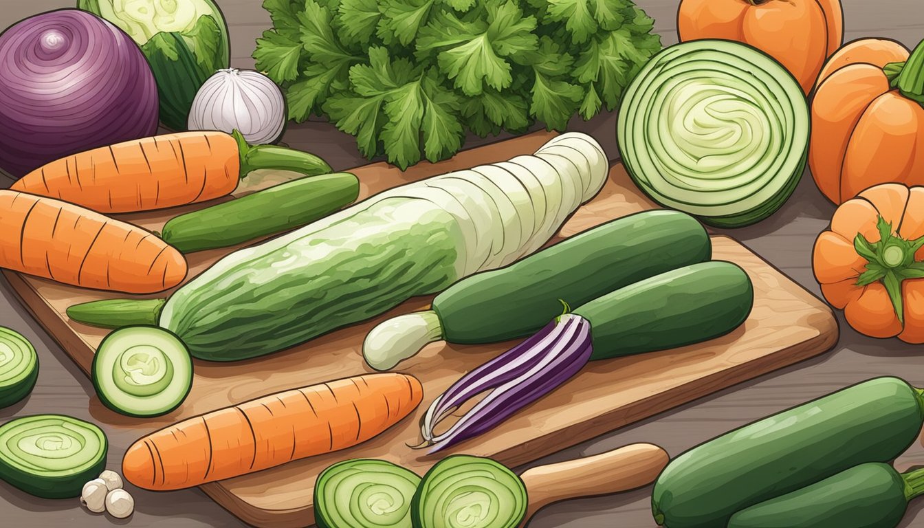 A variety of fresh vegetables arranged on a cutting board, including zucchinis, carrots, and cucumbers, with a spiralizer tool nearby