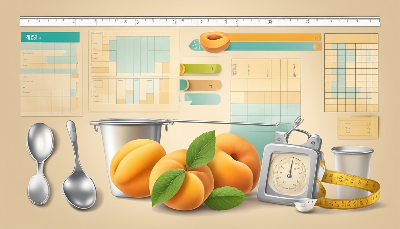 An apricot suspended in mid-air, surrounded by a variety of utensils and a measuring tape, with a nutrition chart in the background