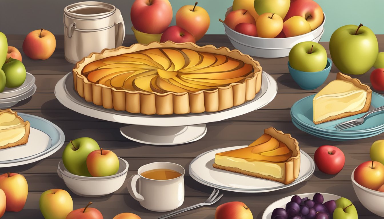 A table set with a freshly baked apple tart, surrounded by a variety of apples in different colors and sizes